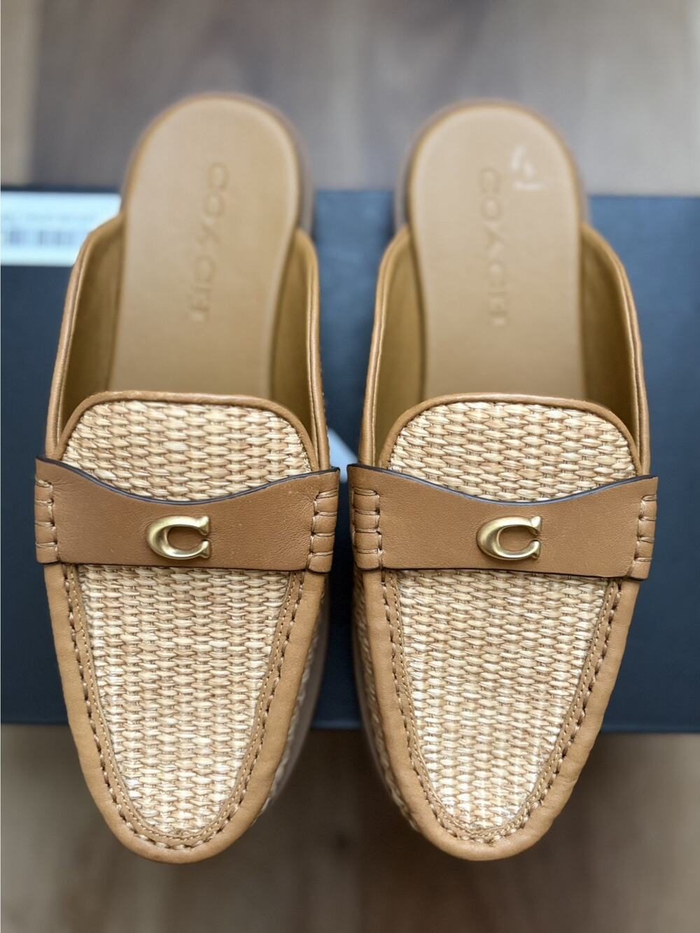 Women's Coach Jocelyn Size 7 Straw Backless Loafer Sandal Mule Flats Natural